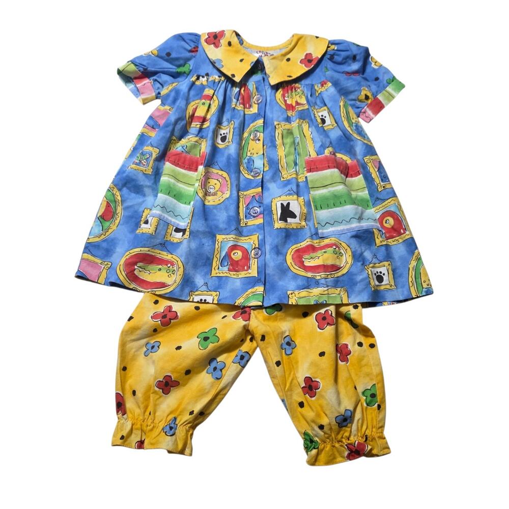Vintage Chicken Noodle Outfit 3T Dress Bloomers Set Colorful 90s USA